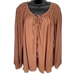 Mustard Seed Peasant Blouse Medium Mocha NEW Lace Up Neckline Pintuck Flowy Boho